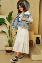 Load image into Gallery viewer, Davi &amp; Dani Distressed Denim and Lace Jacket in Light Denim
