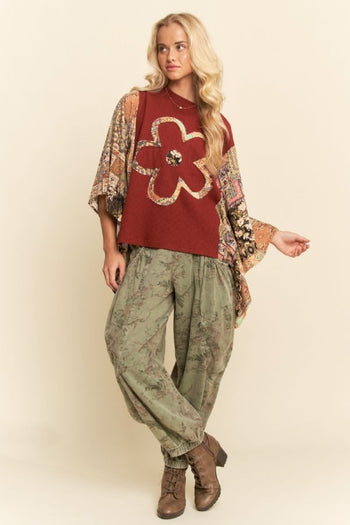 Davi & Dani Boho Patchwork Knit Poncho Top in Burgundy