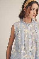 LovLov Blossom Delicate Lace Edged Embroidered Blouse in Ice Blue