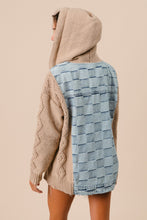 Load image into Gallery viewer, BiBi Mixed Checkered Denim and Knit Sweater Hooded Jacket in Denim/Latte
