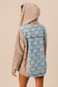 BiBi Mixed Checkered Denim and Knit Sweater Hooded Jacket in Denim/Latte