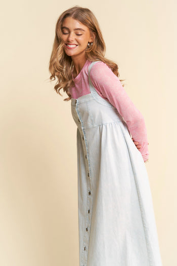 J.nna Mineral Washed Denim Button Down Front Maxi Dress in Ice Blue Denim