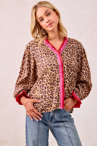 BiBi Long Sleeve Leopard Print Top with Contrasting Wavy Trim in