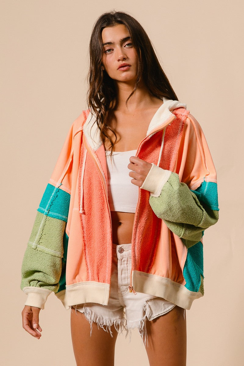 BiBi OVERSIZED Colorblock Knit & Terry Knit Jacket in Coral/Peach