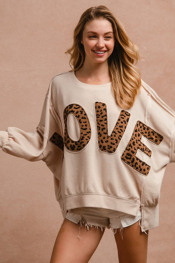 BiBi OVERSIZED Solid Color Top with Leopard "LOVE" Letter Patches in Oatmeal ON ORDER