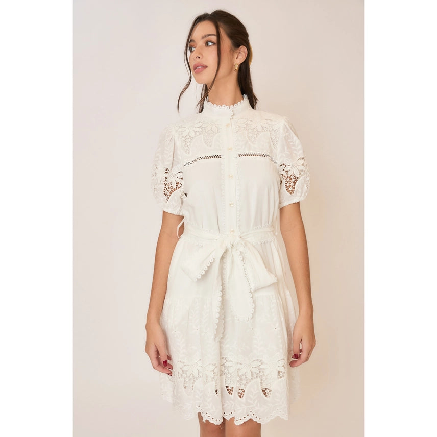 Cozy Co. Mini Dress with Embroidered Lace Details in Off White