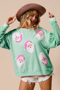 BiBi Santa Beard Patched Top with Velvet Sequin Sleeves in Mint Green