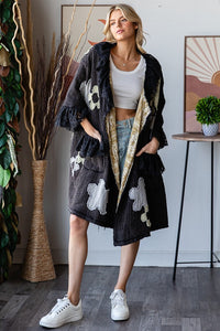 Oli & Hali OVERSIZED Flower Patched Open Front Cardigan in Black