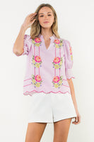 THML Burnout Checkered Top with Stitching and Floral Embroidery Details in Pink
