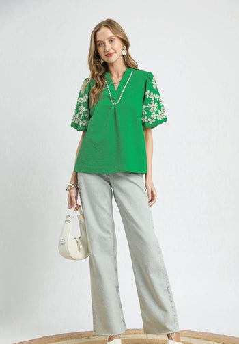 Umgee Textured Top with Embroidery and Scalloped Trim Details in Kelly Green
