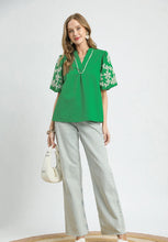 Load image into Gallery viewer, Umgee Textured Top with Embroidery and Scalloped Trim Details in Kelly Green
