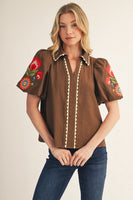 Jodifl Embroidered Textured Solid Top in Brown