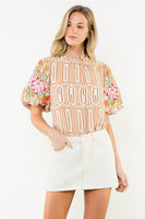 THML Geometric Print Top with Floral Embroidery Sleeves in Brown