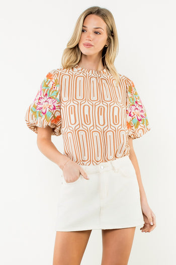 THML Geometric Print Top with Floral Embroidery Sleeves in Brown