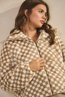 LovLov Fuzzy Fleece Checkered Jacket in Mocha