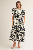 Jodifl Tropical Palm Print Tiered Midi Dress in Black