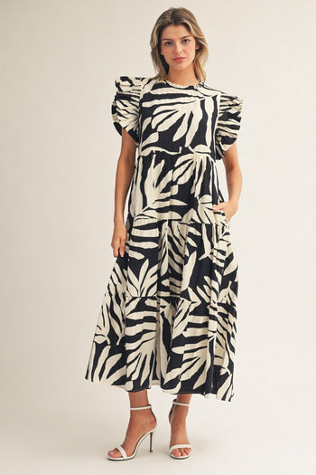 Jodifl Tropical Palm Print Tiered Midi Dress in Black