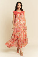 Davi & Dani Ethnic Print Maxi Dress with Open Crochet Straps in Coral Orange