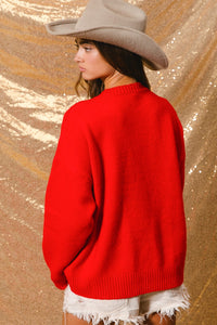 BiBi Solid Color Knit Sweater with Large Sequin Bow Front in Red