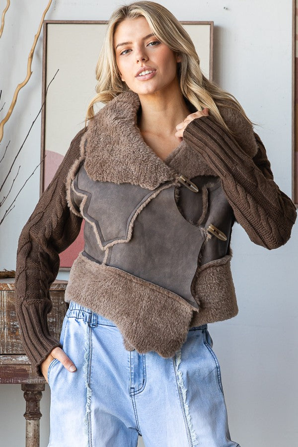 Oli & Hali Faux Fur and Leather CROPPED Jacket with Cable Knit Sweater Sleeves in Chocolate