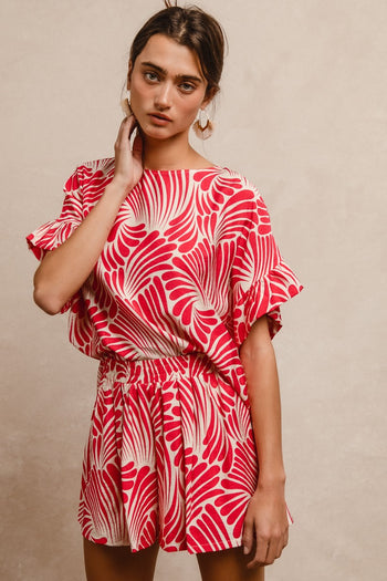 BiBi Two Toned Printed Woven Top in Fuchsia