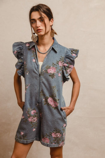 BiBi Washed Floral Print Zip Up Front Romper in Denim