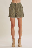 In February Meadow Market Artisan Daisy Embroidered Corduroy Shorts in Olive