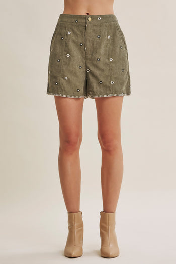 In February Meadow Market Artisan Daisy Embroidered Corduroy Shorts in Olive
