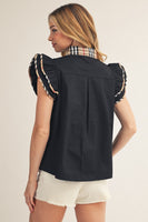 Jodifl Solid Color Woven Top with Plaid Accents in Black