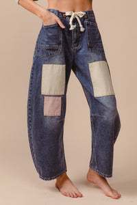 BiBi Multi Colored Patchwork Denim Barrel Jeans in Denim