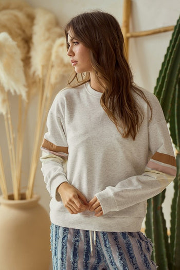 LovLov Terry Knit Sweatshirt with Multi Color Retro Stripes in Oatmeal