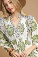 Umgee Damask Print Mini Dress with Ikat Border Print in Olive Mix