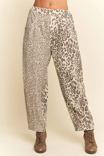 Davi & Dani Leopard Print Barrel Pants in Taupe Leopard