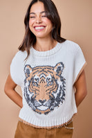 day+moon Tiger Intarsia Sweater Vest Top With Contrast Edge in Ivory/Brown