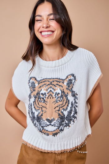 day+moon Tiger Intarsia Sweater Vest Top With Contrast Edge in Ivory/Brown