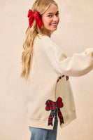 BiBi Fleece Sweatshirt with Plaid MERRY Front Patch and Side Bow Patches in Cream/Red Plaid