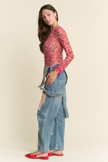 J.nna FITTED Mesh Heart Print Top in Red Hearts