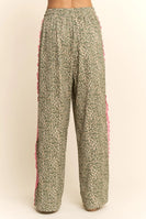 Davi & Dani Leopard Pants with Contrasting Lace Stripe in Green Leopard