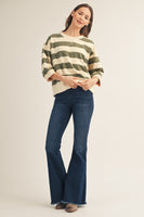 Jodifl V-Notched Bold Stripe Casual Top in Olive