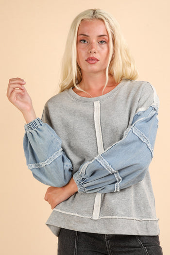 Very J OVERSIZED Terry Knit Top with Denim Sleeves in Heather Grey