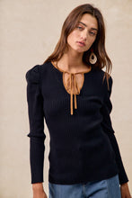 Load image into Gallery viewer, BiBi FITTED Ribbed Knit Top with Contrasting Color Neckline in Black/Camel
