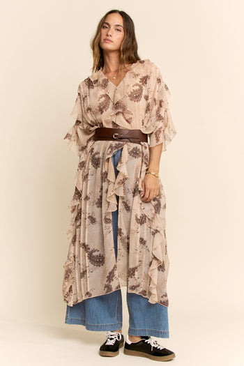 Davi & Dani Printed Chiffon Kimono in Beige 1XL at June Adel