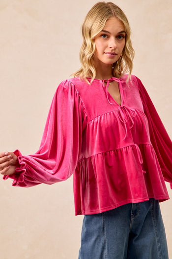 BiBi Velvet Bow Tie Tiered Top in Fuchsia