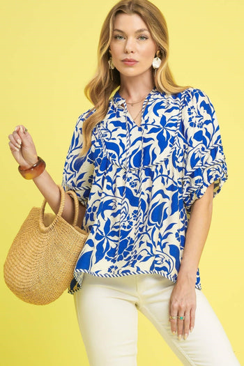 Umgee Floral Print Top with Contrasting Stripe Piping in Blue