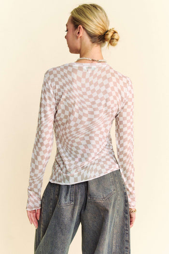 Davi & Dani Checkered Board Print Mesh Layering Top in Ivory Taupe