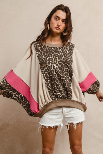 BiBi Oversized Leopard and Mixed Knit Top in Pink/Leopard