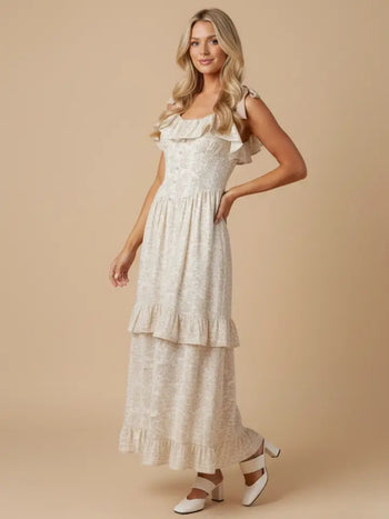J.nna Floral Print Ruffle Detailed Maxi Dress in Taupe