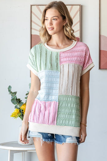 7th Ray Textured Color Block Top in Sage/Pink