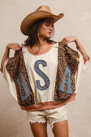 BiBi OVERSIZED Leopard and Solid Top with Denim USA Patch Front in Oatmeal