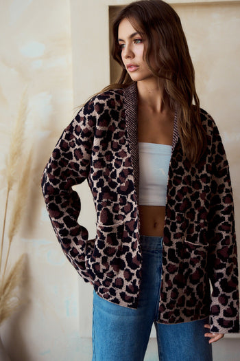 LovLov Open Front Sweater Knit Cardigan in Leopard Mocha ON ORDER